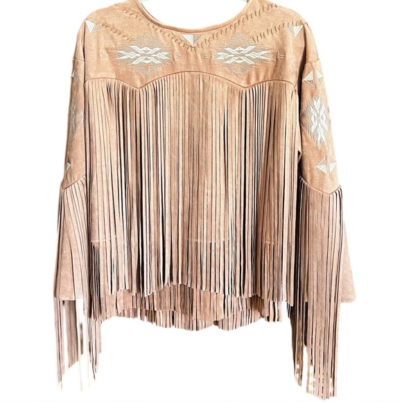 NEW blue b Light Brown Faux Suede Allover Fringe Embroidered Western Jacket S - Picture 4 of 5